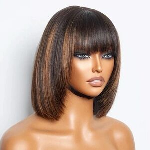 Highlight Blonde Short bob Lace Human Hair Wig Brazilian Straight With Bangs
